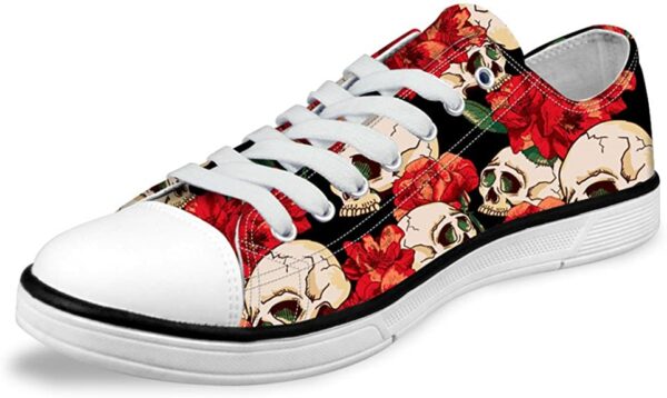 Fashion-Sneakers 3D Printed Cartoon Skulls and Red Flowers Pattern Low Upper Laces Canvas Shoes for Women.