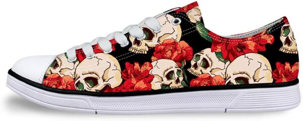 Fashion-Sneakers 3D Printed Cartoon Skulls and Red Flowers Pattern Low Upper Laces Canvas Shoes for Women.